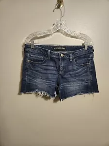 Express Shorts Damen blau Jeans abgeschnitten Mid Rise Denim Used-Look Saum Größe 8 - Bild 1 von 7