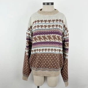 Vintage Steep Slopes Sweater Large Brown Beige Fair Isle Pullover 90s - Picture 1 of 11