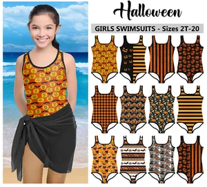 Kids Halloween Swimsuit #1 - Baby Girl Teens Bathing Suit Scary Fun Pumpkins - Picture 1 of 30