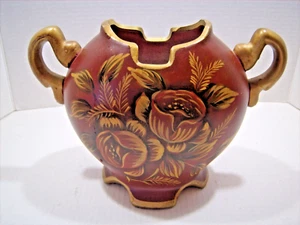 Vtg Burgandy Bronze Gold 2 Handle Pottery Urn Floral Roses 11x8x5 Estate Find - Picture 1 of 8