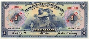 El Salvador 1 Colones 1.1.1929 P 92s Serie B Probe unzirkulierte Banknote - Bild 1 von 2
