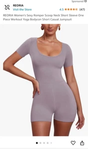 REORIA Women's Sexy Romper Scoop Neck Short Sleeve One Piece Workout Yoga Bodyco - Picture 1 of 6