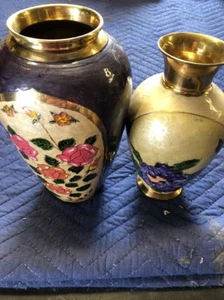 Two Vintage brass Vases Overlaid With Enamel Made In India - Picture 1 of 11