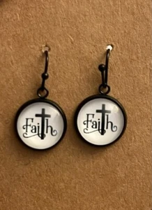 Stainless Steel Hypoallergenic Dangle Earrings Black Faith Christian Cross - Picture 1 of 1