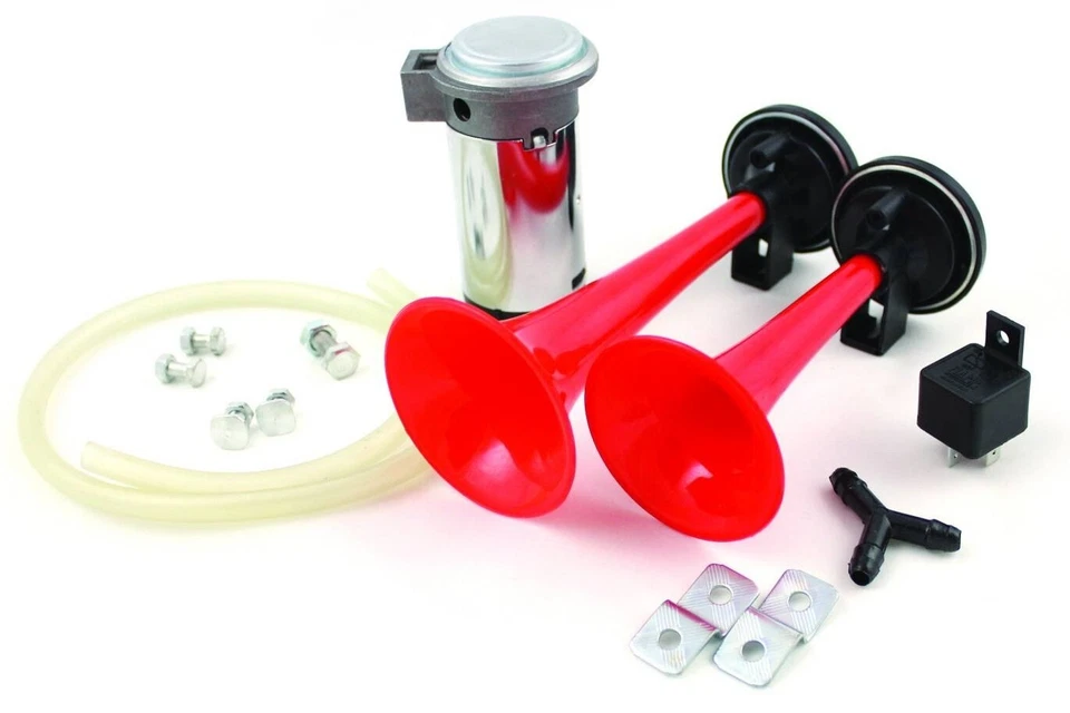Complete Two Trumpet Riviera Horn Kit FIAMM Red 12V 135 dB Truck RV Van Car Boat - Image 1 of 2