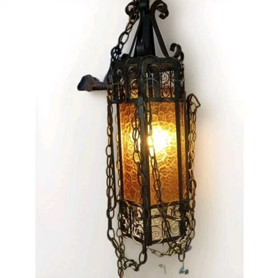 vtg Spanish gothi revival wrought iron Filigree chandelier amber Bumpy glass 27" - Image 1 of 4