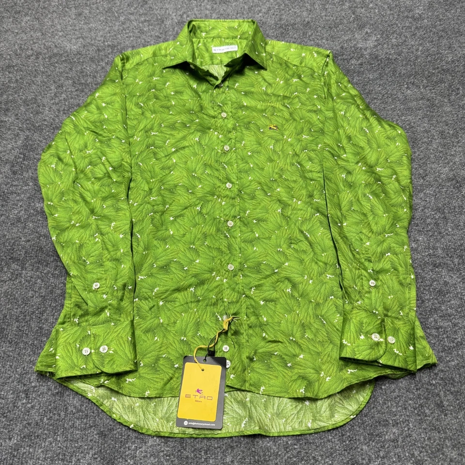NWT Etro Green Leaves Button Shirt Long Sleeve 100% Cotton Italy Men Large - Image 1 of 4