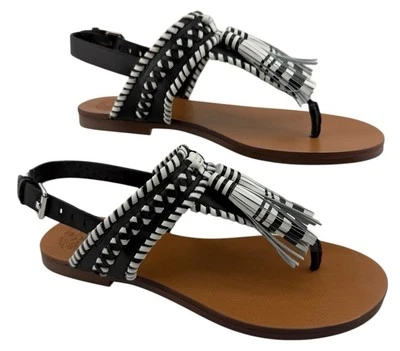 VINCE CAMUTO Rebeka Tassel Slingback Thong Sandal 5 1/2 Black & White Lthr NIB - Imagem 1 de 4