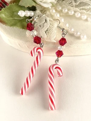 Pendientes de Navidad Bastón de Caramelo Rojo Blanco Cristal Plata Mujer Joyería Artesanal Foto 1 de 4
