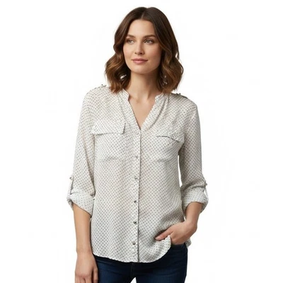 New Directions Blouse White Black Polka Dot Button Up Tabbed Sleeve Epaulette - Image 1 of 4