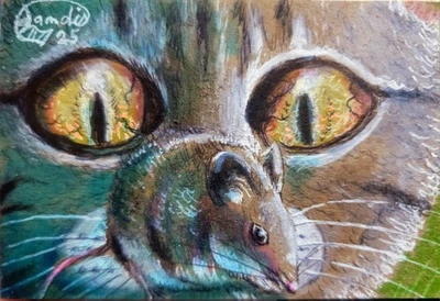 Jacob Landis HANDMADE ORIGINAL Art ACEO Tabby Cat Kitten Mouse "Lurking Danger" - Bild 1 von 4