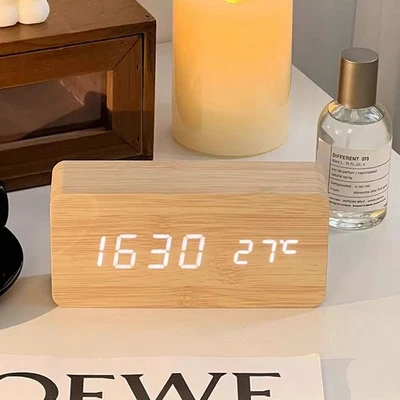 Wooden Digital Alarm Clock LED Table Clock with Temperature for Bedroom Office - Image 1 of 4