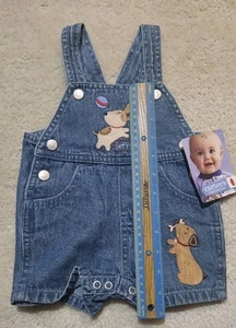 New Carters Infant Overalls 3M Y2K Puppy Dogs Blue Denim Shorts Snaps Unisex  - Picture 1 of 11