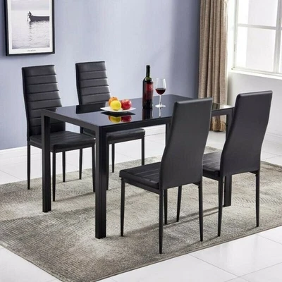 Set of 4 Leather Dining Chairs Kitchen with Cushion and High Back Metal Legs - Image 1 of 4