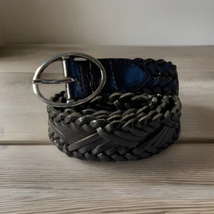 Vintage Leather Belt Black Weave Plait Woven Braided Silver Tone Buckle Size M - Picture 1 of 4