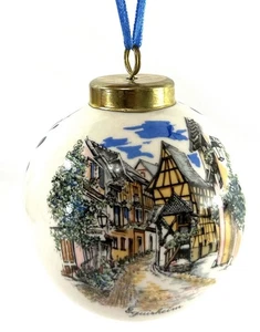 Hand Painted Porcelain Ornament EGUISHEIM France Blue Floral & Village Scene 3” - Picture 1 of 4