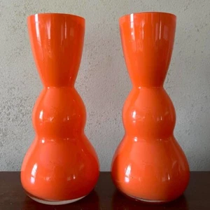Vintage Mid Century Hand Blown Empoli Cased Glass Vase Orange Set of 2 - Picture 1 of 4