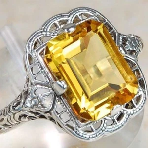Unique 925 Sterling Silver Yellow Citrine Topaz Engagement Wedding Ring Size 7.5 - Picture 1 of 4