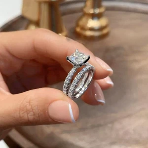 2CT Princess Cut Moissanite Bridal Set Engagement Ring Solid 14K White Gold - Picture 1 of 13