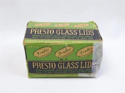 Tapas de vidrio vintage PRESTO ATLAS Cupples Co. 12 tapas en caja para frascos de conservas IOB Foto 1 de 4