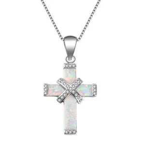 New Design White Simulated Opal Cross Pendant Necklaces For Women Silver Jewelry - Picture 1 of 7