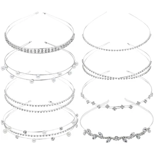 8 Pack Sparkly Rhinestone Pearl Silver Metal Headbands,Double Slim Skinny Wire H - Picture 1 of 12