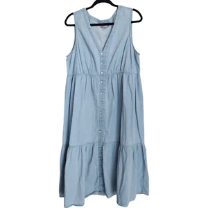 New Directions Women's 1X XL Chambray Tiered Midi Dress Blue Denim Sleeveless - Picture 1 of 13