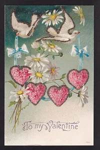 c1910 glitter trimmed emb.Doves & Hearts Flowers Valentines Day Germany postcard - Picture 1 of 2