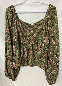Alterd State Green Crop Peplum Peasant Blouse Smocked Floral Puff Sleeve XL  - Picture 1 of 8