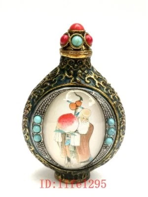 Figura de tabaco con incrustación de bronce chino de 3 pulgadas dios de la riqueza dios de la longevidad botellas Foto 1 de 4