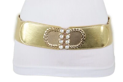 Women Gold Faux Patent Leather Elastic Belt Metal Buckle Adjustable Size Fit S M - Image 1 of 4