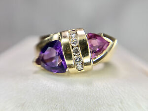 Vintage 14k Yellow Gold Designer Trillion Amethyst Pink Tourmaline Diamond Ring