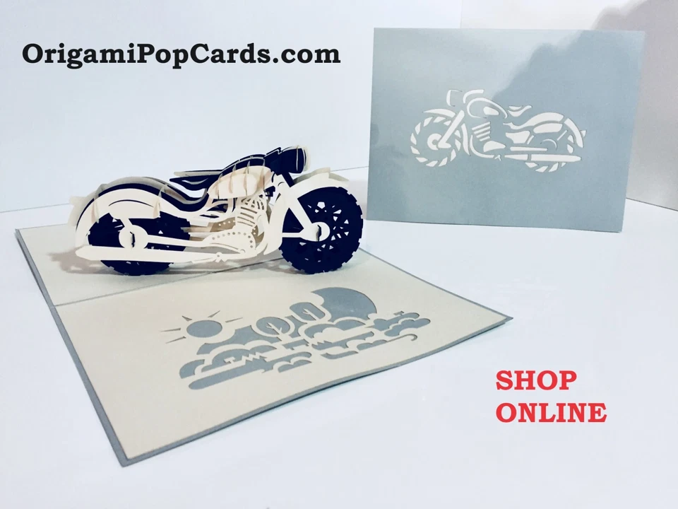 ОРИГАМИ POP CARD Серебряный серый черный мотоцикл 3D Happy день рождения всплывающая карта любовь - Изображение 1 из 4