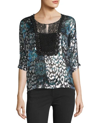 ✨ Blusa Elie Tahari Milan Nueva con Etiquetas Talla S - Con Cuentas Encaje Metálico Floral Negra Plateada Foto 1 de 4