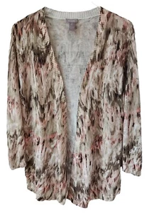 Chicos Open Cardigan Linen Blend Size 2 L 12 14 Peach Khaki 3/4 Sleeve Topper - Picture 1 of 8