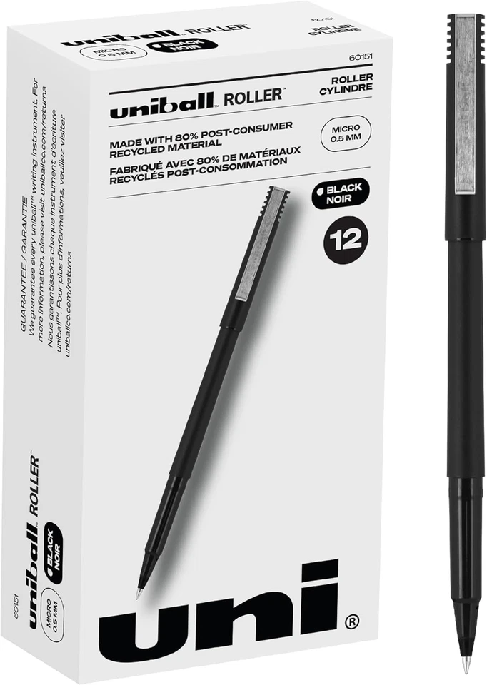Uni-Ball Roller Rollerball Pens Fine Point Micro Tip, 0.5Mm, Black, 12 Pack - Image 1 of 4