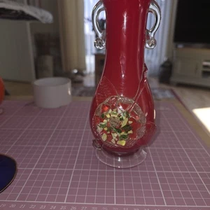 Vase by Stevens & Williams Red Cased Shatterglass 1880's-1920's 9.5 Inches - Picture 1 of 17