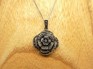 Vintage Sterling Silver Marcasite Rose Flower Pendant Necklace 18" - Picture 1 of 7