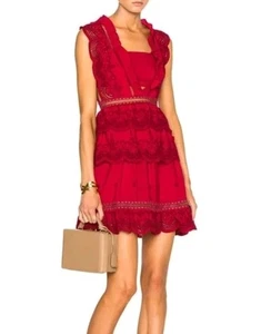 Self Portrait UK 12 US 8 Tiered Broderie Anglaise Mini Dress Raspberry Red Lace - Picture 1 of 6