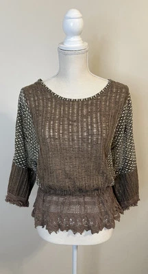 Blusa Anthropologie Ryu Boho marrom creme crochê manga 3/4 tamanho P - Imagem 1 de 4