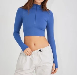 Rush B.DY Garage Half Zip Long Sleeve Cropped Top Size Medium Blue Gym Lounge - Bild 1 von 11