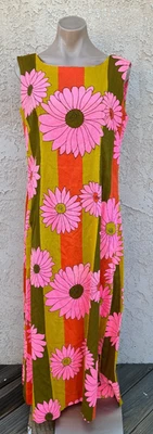 Vintage 1960's op art pink/green floral cotton sleeveless maxi dress sz S/M - Image 1 of 4