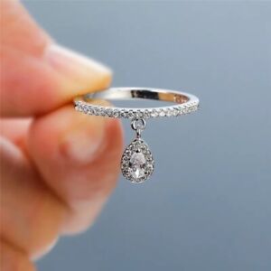 ZARD Teardrop Dangle Charm Band Ring with CZ Accent in 925 Sterling Silver