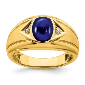 14K Solid Yellow Gold Lab Blue Sapphire Diamond Mens Ring - Picture 1 of 110