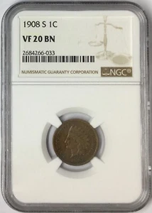 1908-S 1C Indian Head Cent NGC VF20 BN # - Picture 1 of 3