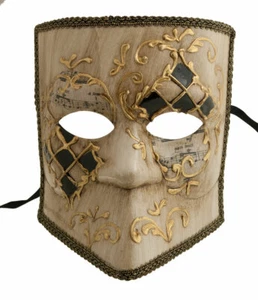 Mask Venice Bauta White off-White Checkerboard Black Golden Carnival Venetian # - Picture 1 of 2