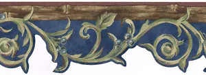 Victorian Blue Brown Green Scroll Leaf Vine Berry Bamboo Wall paper Border - Picture 1 of 2