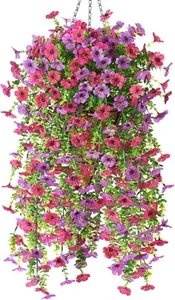 Homsunny Artificial Flowers Hanging Basket for Outdoor Spring Purple+fuchsia - Picture 1 of 6