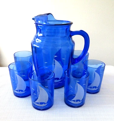 7件装Hazel Atlas船蓝色水罐6直侧水杯状况完好1930年代 — 第 1/4 张图片