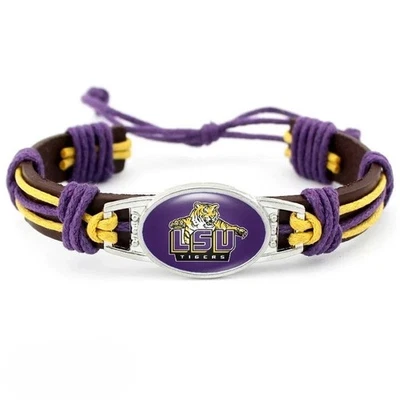 LSU Tigers NCAA Football Black Leather Charm Bracelet Sports Collectable - Image 1 of 4